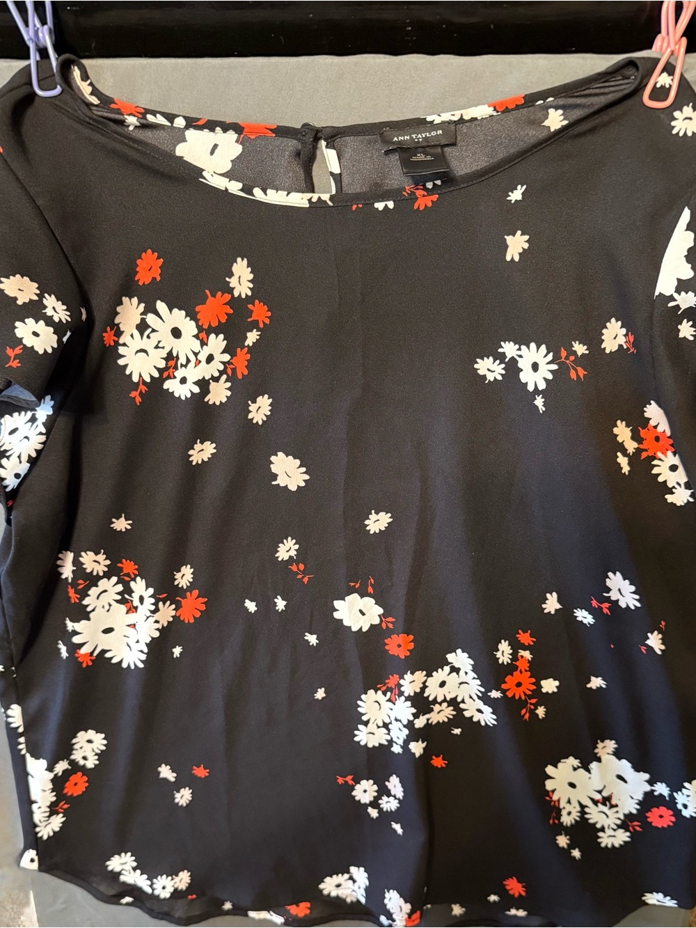Ann Taylor Black Scoop Neck Floral Top with White and Red Blooms.